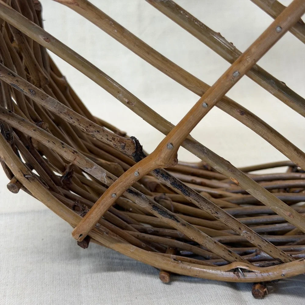 Rustic Woven Willow Branch Gathering Basket with Twisted Handle Brown Wood 1970s